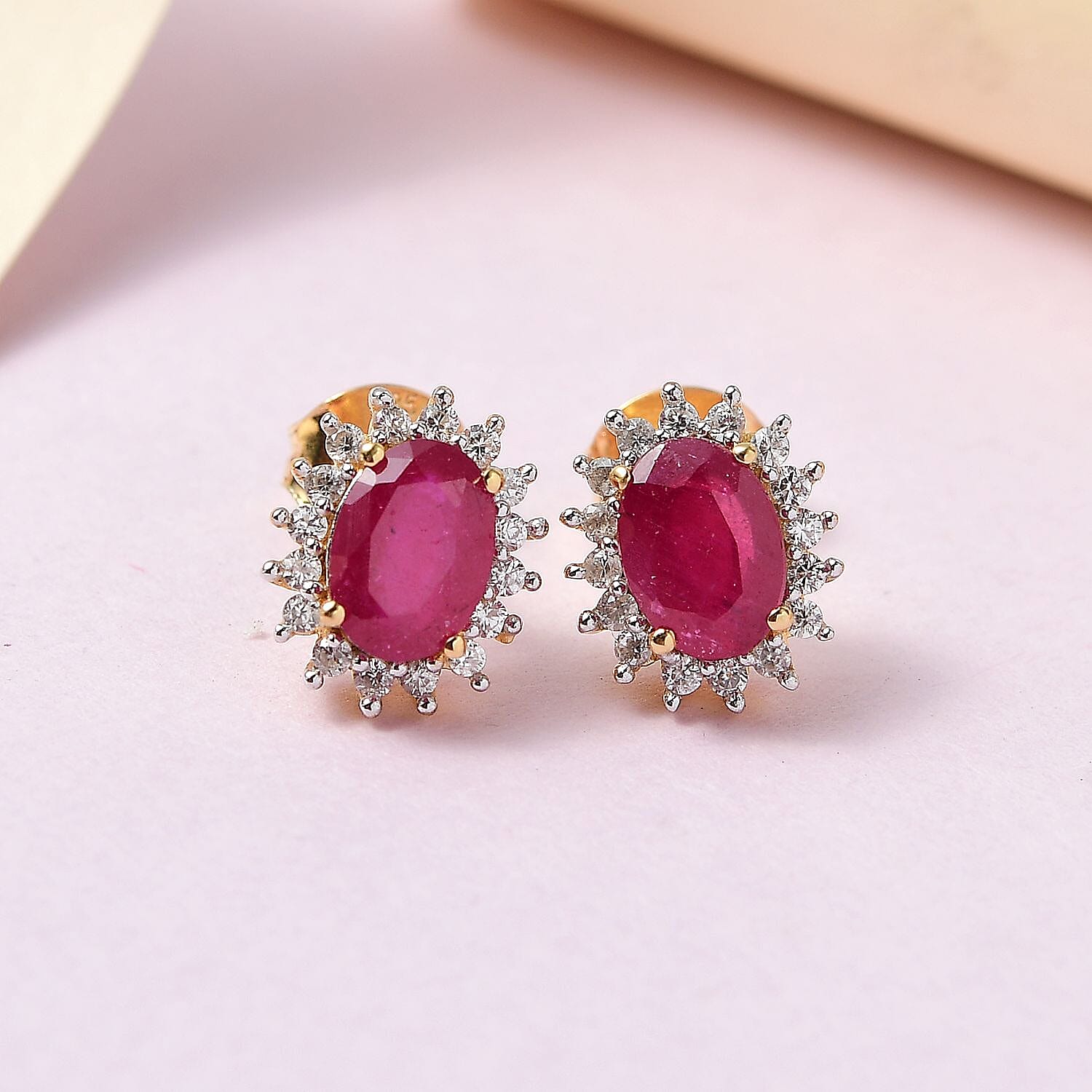 African Ruby (FF) & Natural Zircon Halo Earrings with Push Back in 18K Vermeil Yellow Gold Plated Sterling Silver 2.32 Ct.